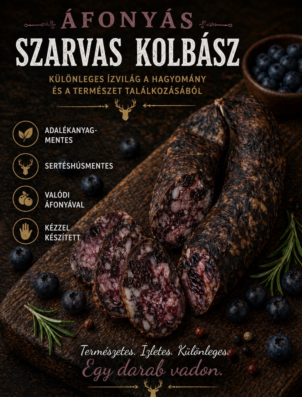 Áfonyás szarvas füstölt kolbász 